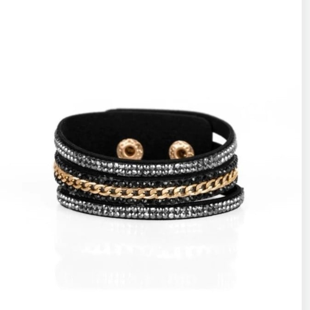 Rollin In Rhinestones Black Bracelet Bling Paparazzi Black and Gold Chain
